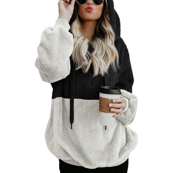 Loose Baggy Hoodie Color Block Warm Fuzzy Pullover Hooded Soft Warm - Picture 1 of 7